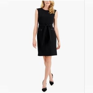 NWT Kasper Belted Cap-Sleeve Sheath Dress Zipper Pockets Black 6